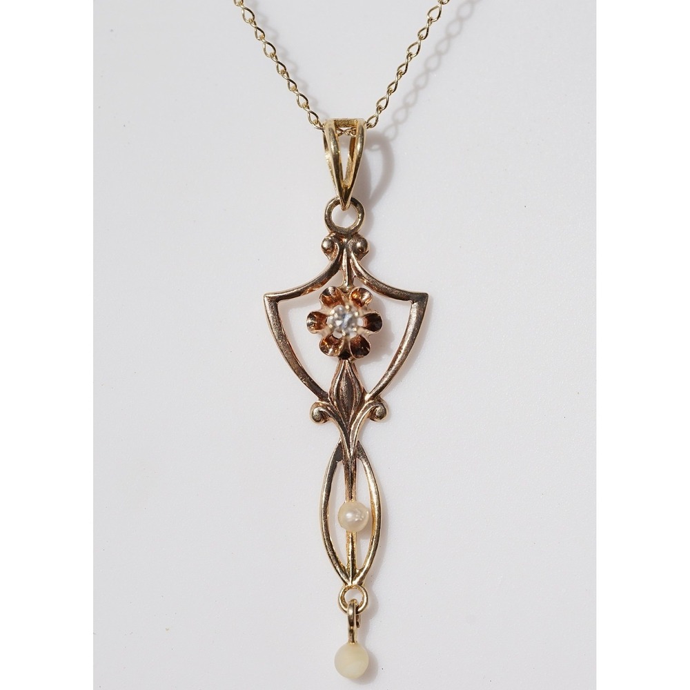 Antique 10k Solid Gold Seed Pearl Natural Diamond Pendant - Filigree Engrved